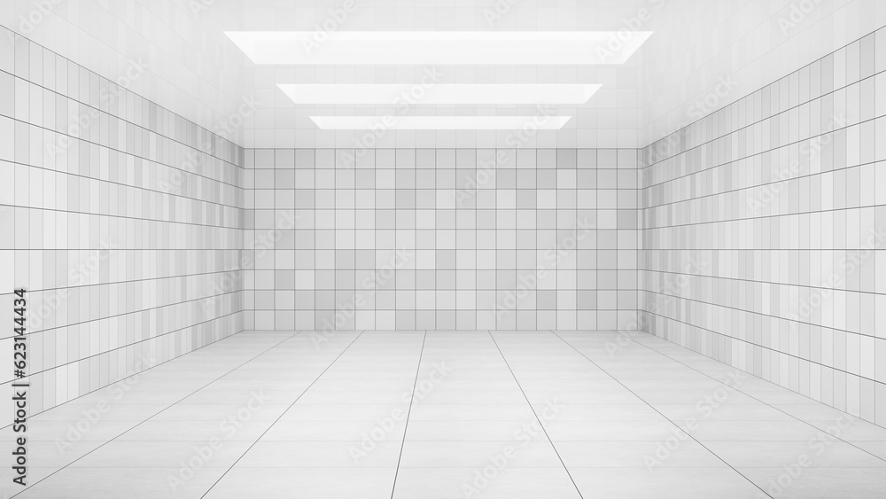 Poster bright empty white studio room interior architecture with white empty floor and tiled walls, display