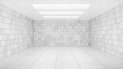 bright empty white studio room interior architecture with white empty floor and tiled walls, display showroom with spotlights can be used for product presentation as stage or podium. 3d rendering
