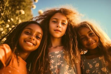 Fototapeta premium Portrait of three multiracial girls standing together and smiling at camera in summer street.