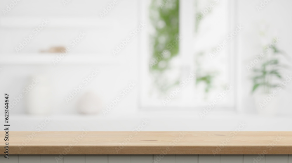 Poster empty modern coffee kitchen table countertop platform and blurry soft light window and cozy home int