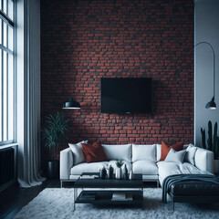 Modern Living Room Interrior,  Cozy Sofa With Pillows Infront Of Wall With Decorative Bricks, Soft Light, Generative AI
