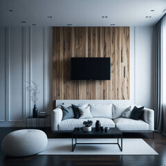 Modern Living Room Interrior,  Cozy Sofa With Pillows Infront Of Wall With Decorative Wood Bamboo Panel, Soft Light, Generative AI