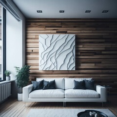 Modern Living Room Interrior,  Cozy Sofa With Pillows Infront Of Wall With Decorative Wood Bamboo Panel, Soft Light, Generative AI