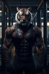 Fototapeta na wymiar fit Tiger standing at the gym, Muscular Tiger confidently posing at the gym, generative AI