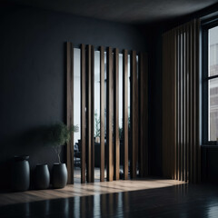 Modern Rustic Entrance Hall,  Wood Art,  Abstract Room Divider, Realistic Interior, Soft Light, Generative AI