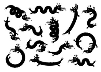 かわいい龍のキャラクターのイラストセット（黒）