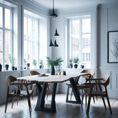 Scandinavian Interior Design Dining Room, Large Wood Rustic Table And Chairs Against Windows, Soft Light, Generative AI