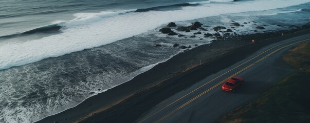 Black sand beach, with road and red car on, travel holiday panorama. Generative Ai.