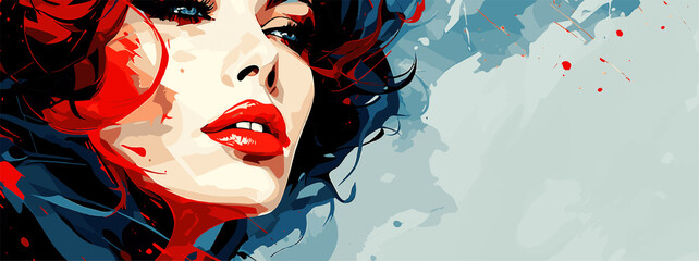 Expressive material vector banners, featuring strong, militant female faces. Harmonized with abstract backgrounds. Ample text space. Ideal for web use.