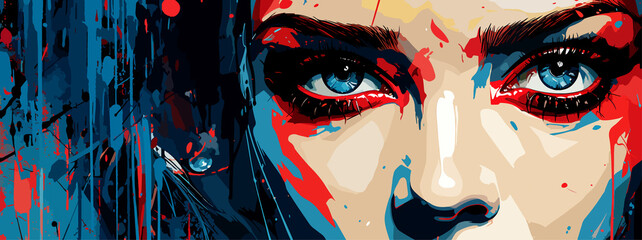 Expressive material vector banners, featuring strong, militant female faces. Harmonized with abstract backgrounds. Ample text space. Ideal for web use.