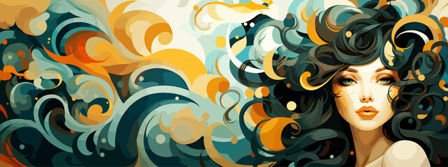 Expressive material vector banners, featuring strong, militant female faces. Harmonized with abstract backgrounds. Ample text space. Ideal for web use.