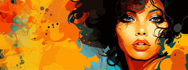 Expressive material vector banners, featuring strong, militant female faces. Harmonized with abstract backgrounds. Ample text space. Ideal for web use.