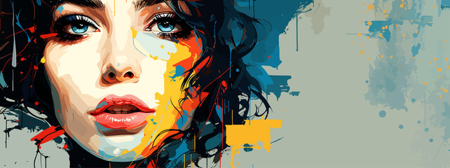 Expressive material vector banners, featuring strong, militant female faces. Harmonized with abstract backgrounds. Ample text space. Ideal for web use.