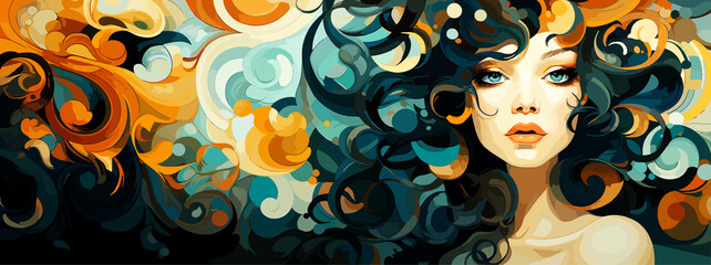 Expressive material vector banners, featuring strong, militant female faces. Harmonized with abstract backgrounds. Ample text space. Ideal for web use.