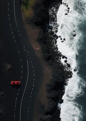 Black sand beach, with road and red car on, travel holiday, wallpaper. Generative Ai.