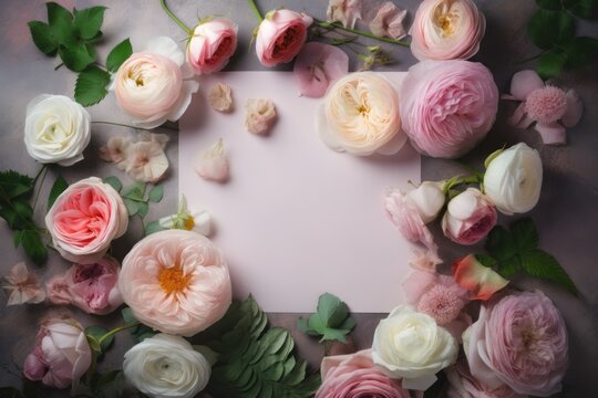 Composition top view of pretty rose flowers on white background.