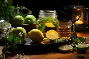 Green tea with lemon in a glass mug. Generative A