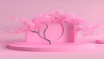 podium or pedestal with pink flowers and podium. 3 d rendering.