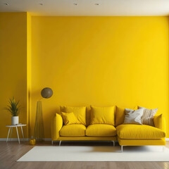 Modern Cozy Sofa With Pillows Infront Of  Empty Yellow Wall, Minimalism Interior Living Room, Soft Light, Generative AI