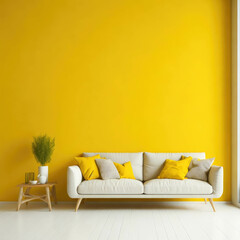 Modern Cozy Sofa With Pillows Infront Of  Empty Yellow Wall, Minimalism Interior Living Room, Soft Light, Generative AI