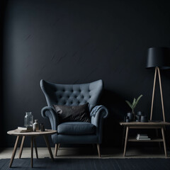 Scandinavian Rustic interior Living Room, Sofa and Table Infront Of Wall, Dark Color Palette, Generative AI