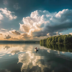 boat on the lake, lake and sky, sunset on the lake, sunset over the lake, Sky with many white clouds