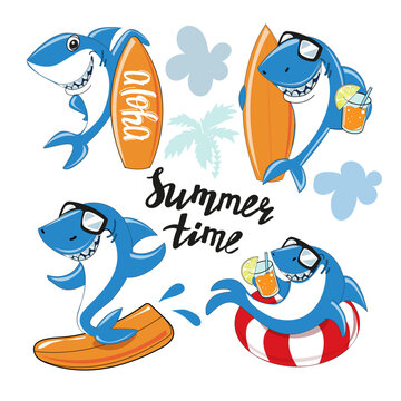 Funny cartoon sharks collection with sunglasses and surfing on a white background. Summer concept for kids