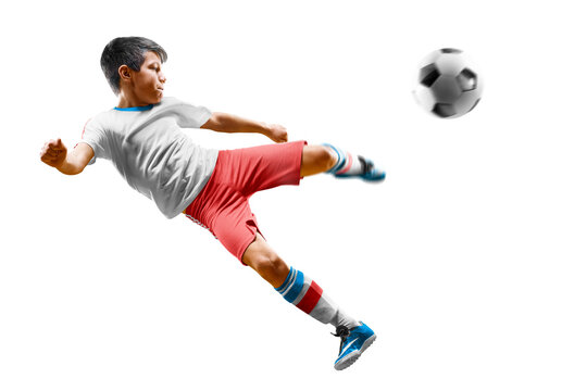 children soccer player in action isolated white background