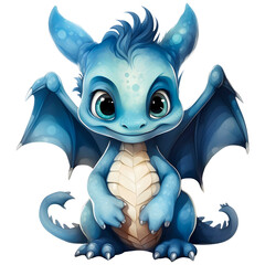 Blue baby dragon watercolor clipart with transparent background, created with generative AI technology