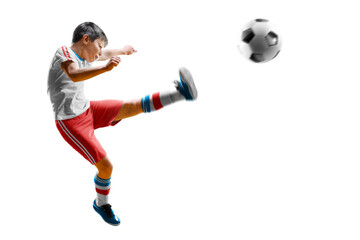 children soccer player in action isolated white background