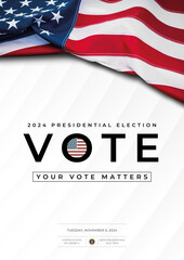 2024 United States Presidential Elections Banner/Poster with US symbols and colors. US Flag . Vote. United States of America Election design