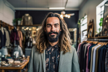 Smiling small business owner with beard standing in a clothing store.
