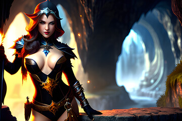 a bandit woman hiding in a cave. Generative ai
