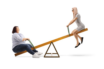 Corpulent woman playing on a seesaw with a slim woman