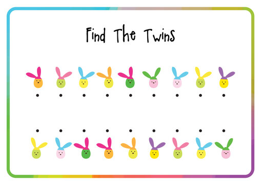 Matching game. Find the twins. Matching pairs worksheet activity. Children aducation activity. Color matching