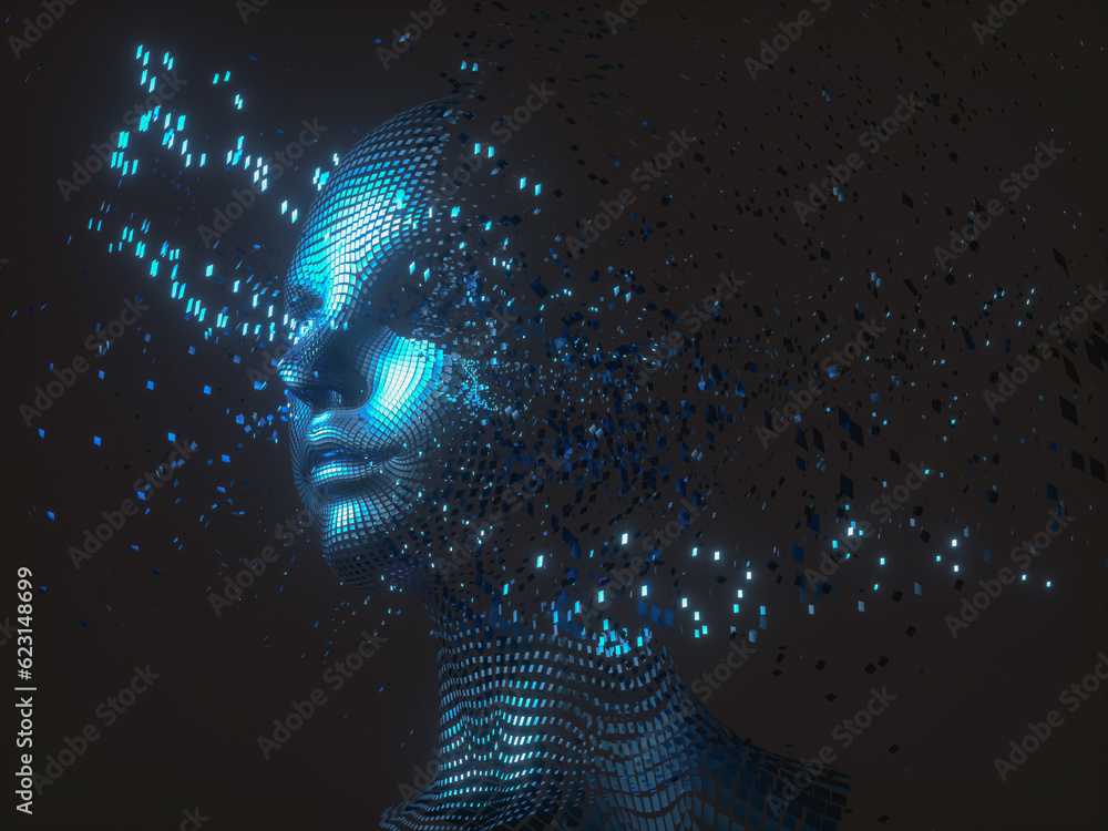 Aufkleber Virtual Digital head of Artificial Intelligence (AI). deep learning concept. Hologram. 3d rendering