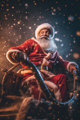 Fototapeta na wymiar black Santa Claus rides in a sleigh. merry christmas and new year! lights glow at night. generative ai, generative, ai