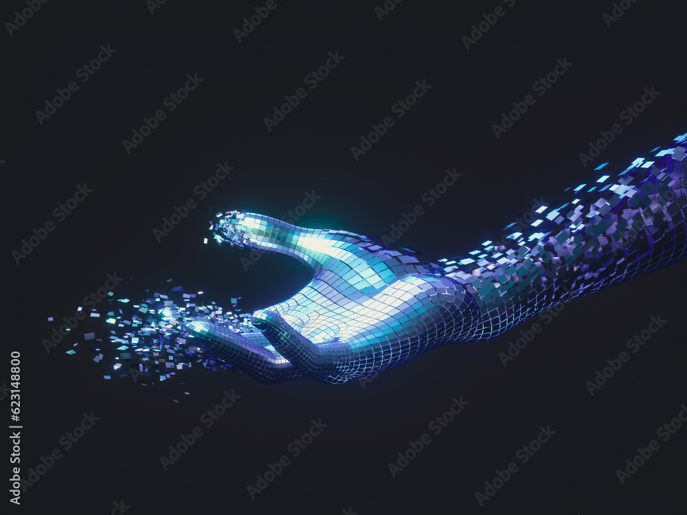 Poster Virtual Digital hand of Artificial Intelligence (AI). deep learning concept. Hologram. 3d rendering