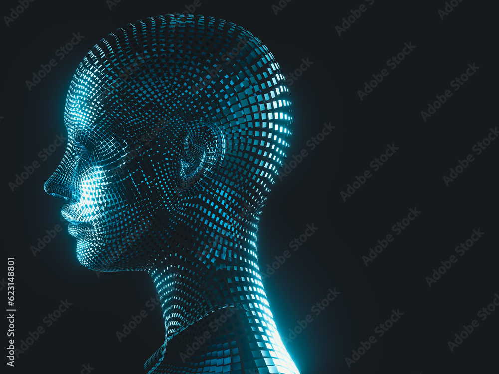 Aufkleber Virtual Digital head of Artificial Intelligence (AI). deep learning concept. Hologram. 3d rendering