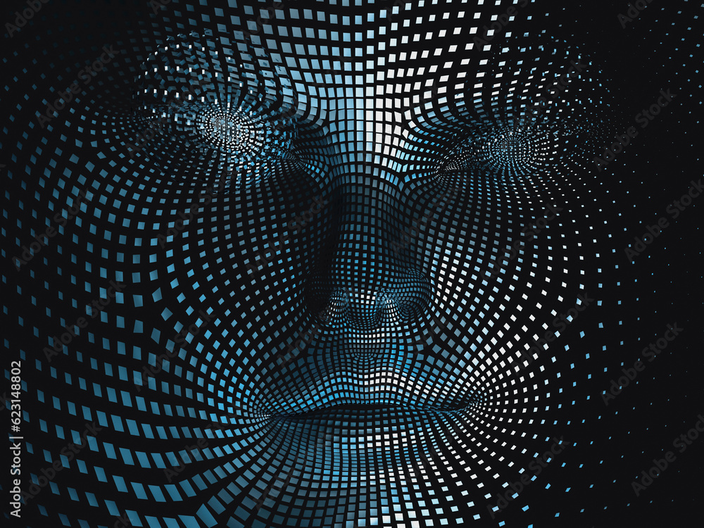 Poster Virtual Digital face of Artificial Intelligence (AI). deep learning concept. Hologram. 3d rendering