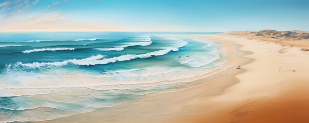 Orange sand near blue clear water beach, travel aerial view, summer panorama wallpaper. Generative Ai.