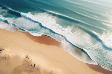 Fototapeta na wymiar Orange sand near blue clear water beach, travel destination aerial view, summer wallpaper. Generative Ai.