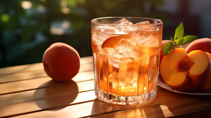 Refreshing summer cocktail with ice and peaches on wooden table outdoors