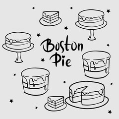 Cartoon doodle Boston cream pie image with lettering. Vector illustration in black and white colors