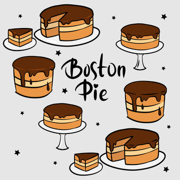 Cartoon doodle Boston cream pie image with lettering. Vector illustration in colors