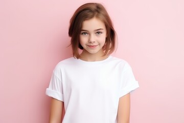 a photo of a young model kid girl with a blank white canvas t-shirt. pastel pink wall background. Generative AI
