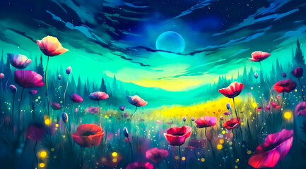 Fototapeta na wymiar Dreamy illustration art of flower field in colorful painting.decoration background.digital paint style.generative ai images
