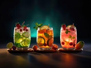 Three colourful cocktails with ice and colourful fruit garnish