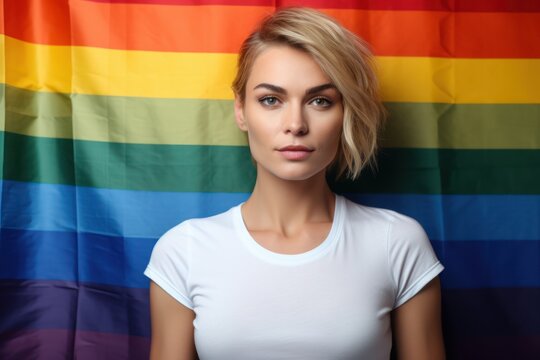 a photo of a young beautiful blonde lesbian model woman with a blank white canvas t-shirt. lgbt pride rainbow flag wall background. Generative AI - Powered by Adobe