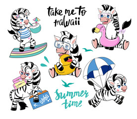 Fototapeta na wymiar Funny cartoon summer set with zebra. Vector illustration for kids. Design for t-shirt. Travel concept